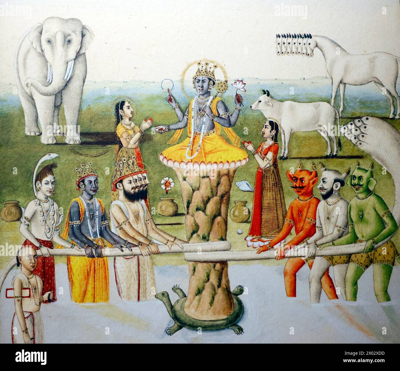 Il Samudra Manthana spiega l'origine dell'elisir della vita eterna (amrita), arte indiana del XVIII secolo, Musee Guimet (Museo Guimet), Parigi, Francia Foto Stock