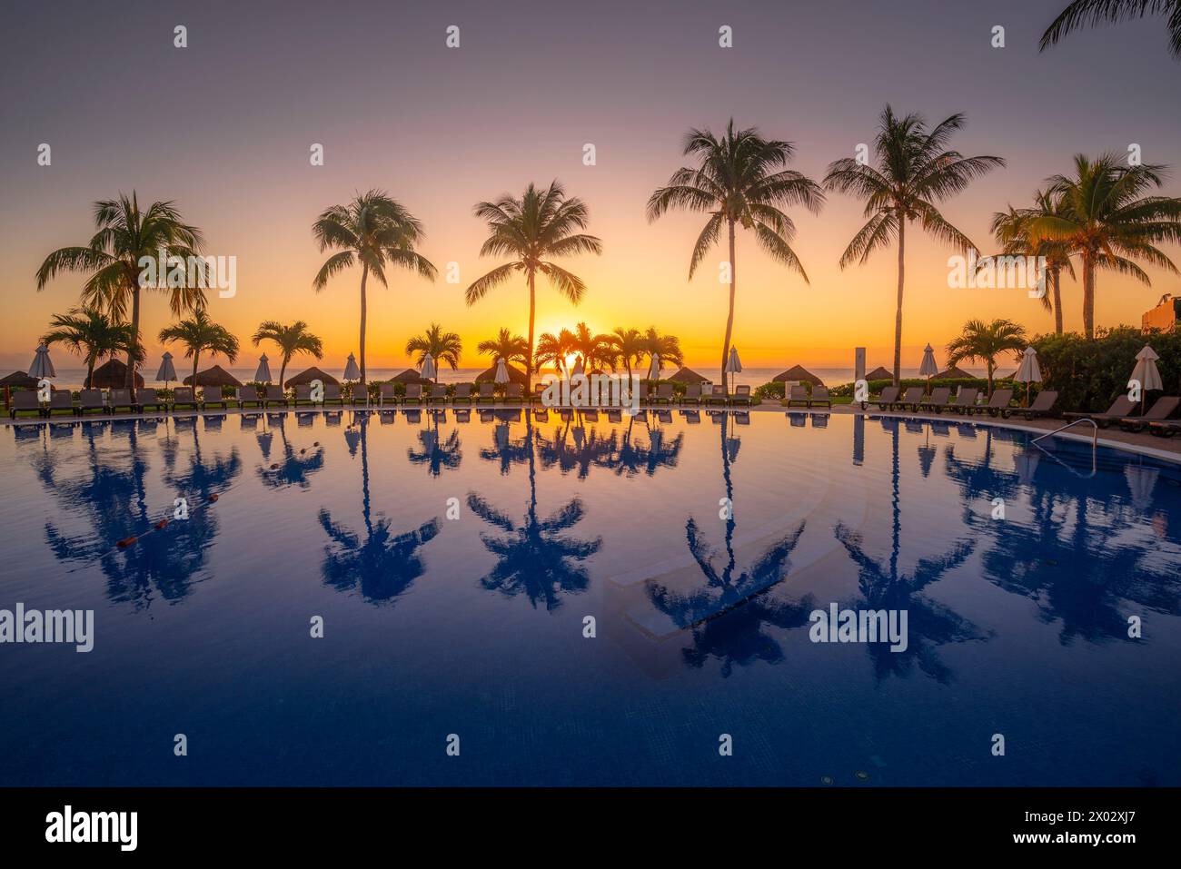 Vista dell'alba e dei riflessi delle palme nella piscina dell'hotel vicino a Puerto Morelos, Costa dei Caraibi, Penisola dello Yucatan, Messico e Nord America Foto Stock