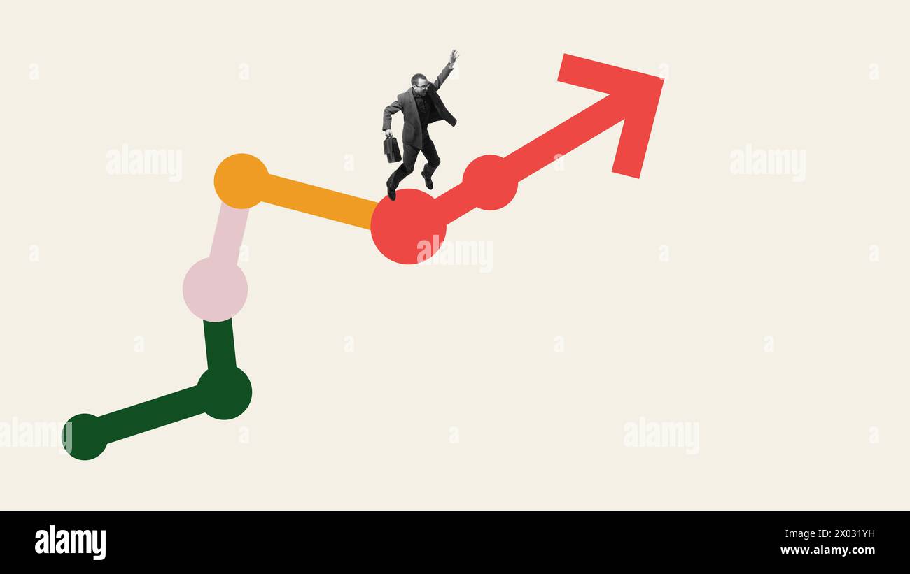 Uomo, dipendente che sale verso l'alto freccia multicolore che simboleggia la progressione e la crescita della carriera verso l'alto. Collage d'arte contemporanea. Raggiungimento degli obiettivi di carriera Foto Stock