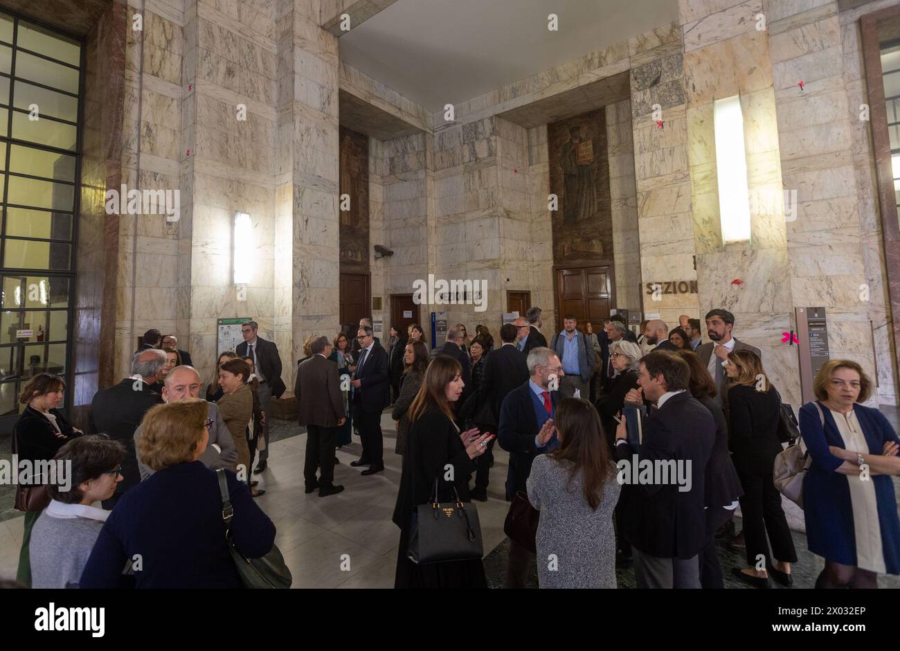 Comunicazione per l'uccisione a colpi di pistola in tribunale dell'avvocato Lorenzo Claris Appiani, del giudice Fernando Ciampi e di Giorgio erba del 9 aprile 2015 presso la seconda sezione penale - settimana - Cronaca - Milano, Italia - Martedì, 9 aprile 2024 (foto Stefano porta/LaPresse) commemorazione per la sparatoria di morte in tribunale dell'avvocato Lorenzo Claris Appiani, del giudice Fernando Ciampi e di Giorgio erba il 9 aprile 2015 presso la seconda sezione penale - News - Milano, Italia - martedì 9 aprile 2024 (foto Stefano porta/LaPresse) Foto Stock