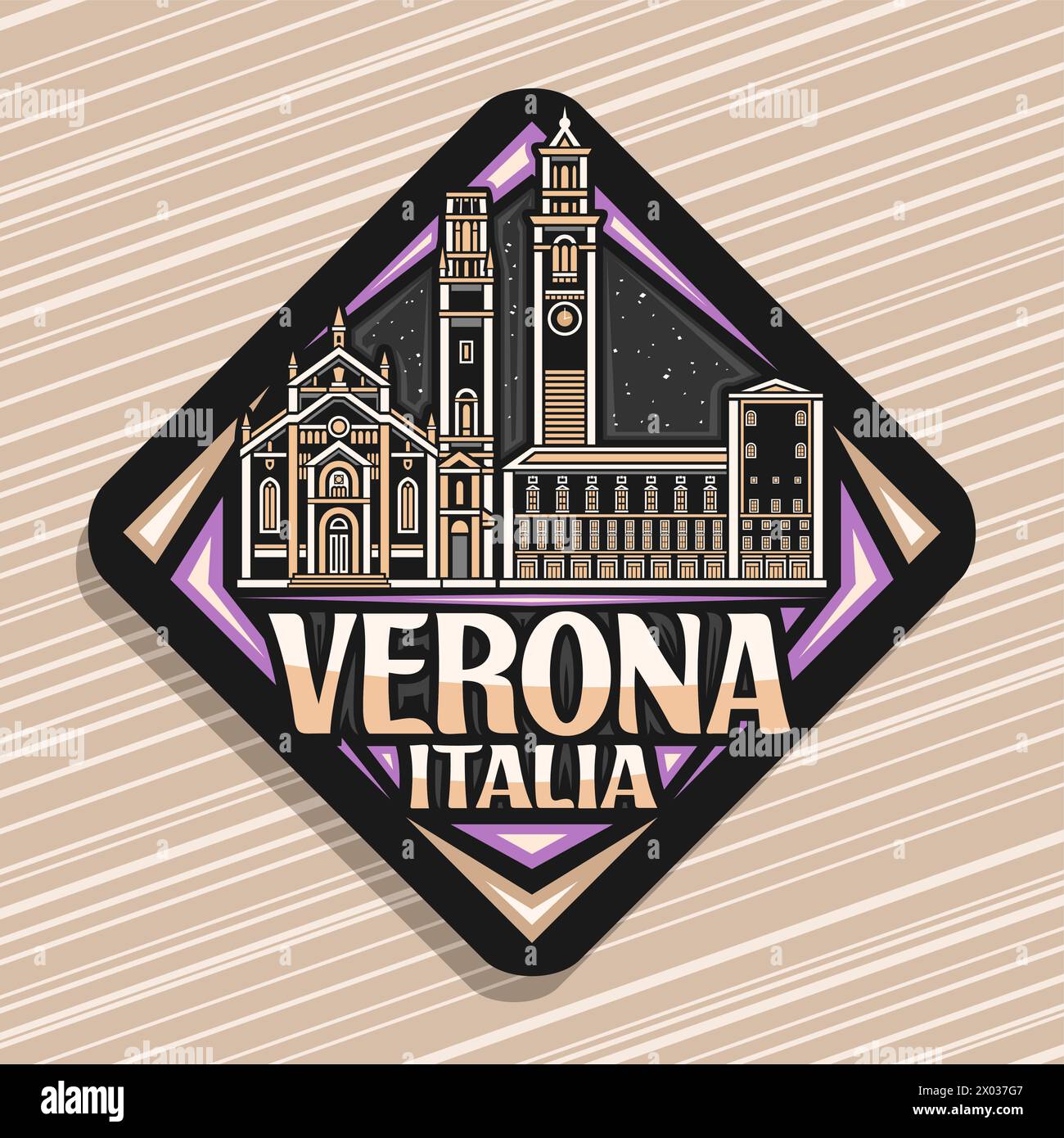 Logo vettoriale per Verona, cartellone stradale a rombi scuro con illustrazione del famoso paesaggio europeo di verona sullo sfondo del cielo notturno, decorativo Illustrazione Vettoriale