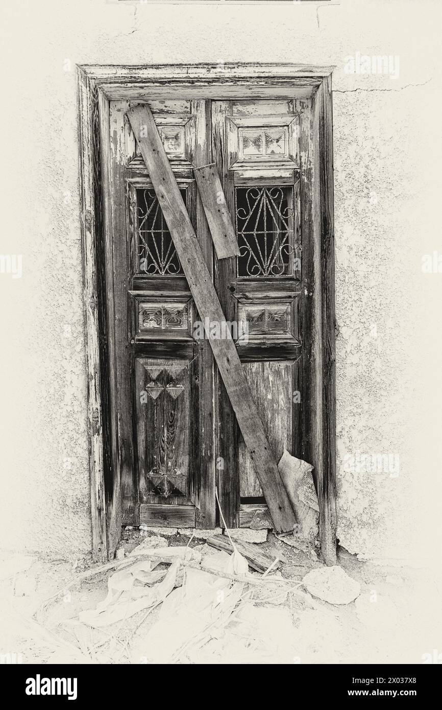 Immagine filtrata di un ingresso a bordo di una casa araba abbandonata. Foto Stock
