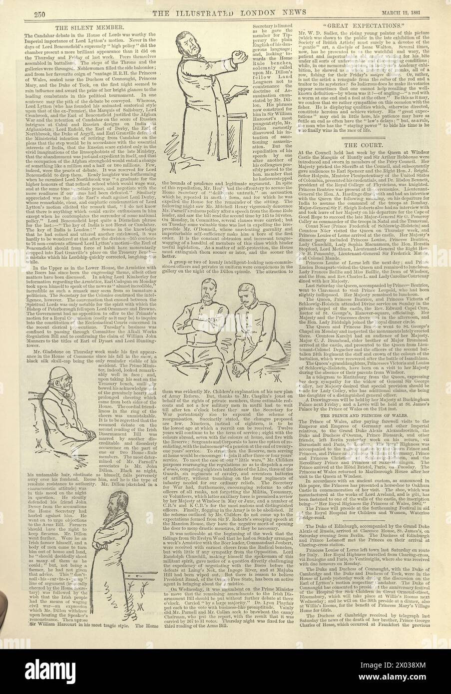 Vecchia pagina di giornale, schizzi politici, politica britannica William Gladstone, 1881, storia vittoriana Foto Stock