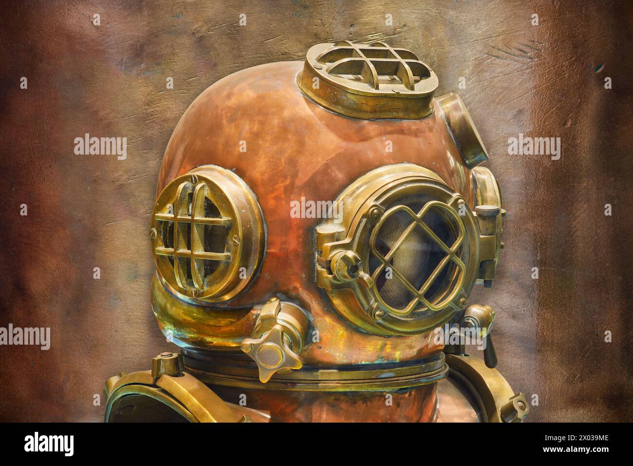 Immagine in stile retrò di un autentico casco da immersione della Marina degli Stati Uniti Foto Stock
