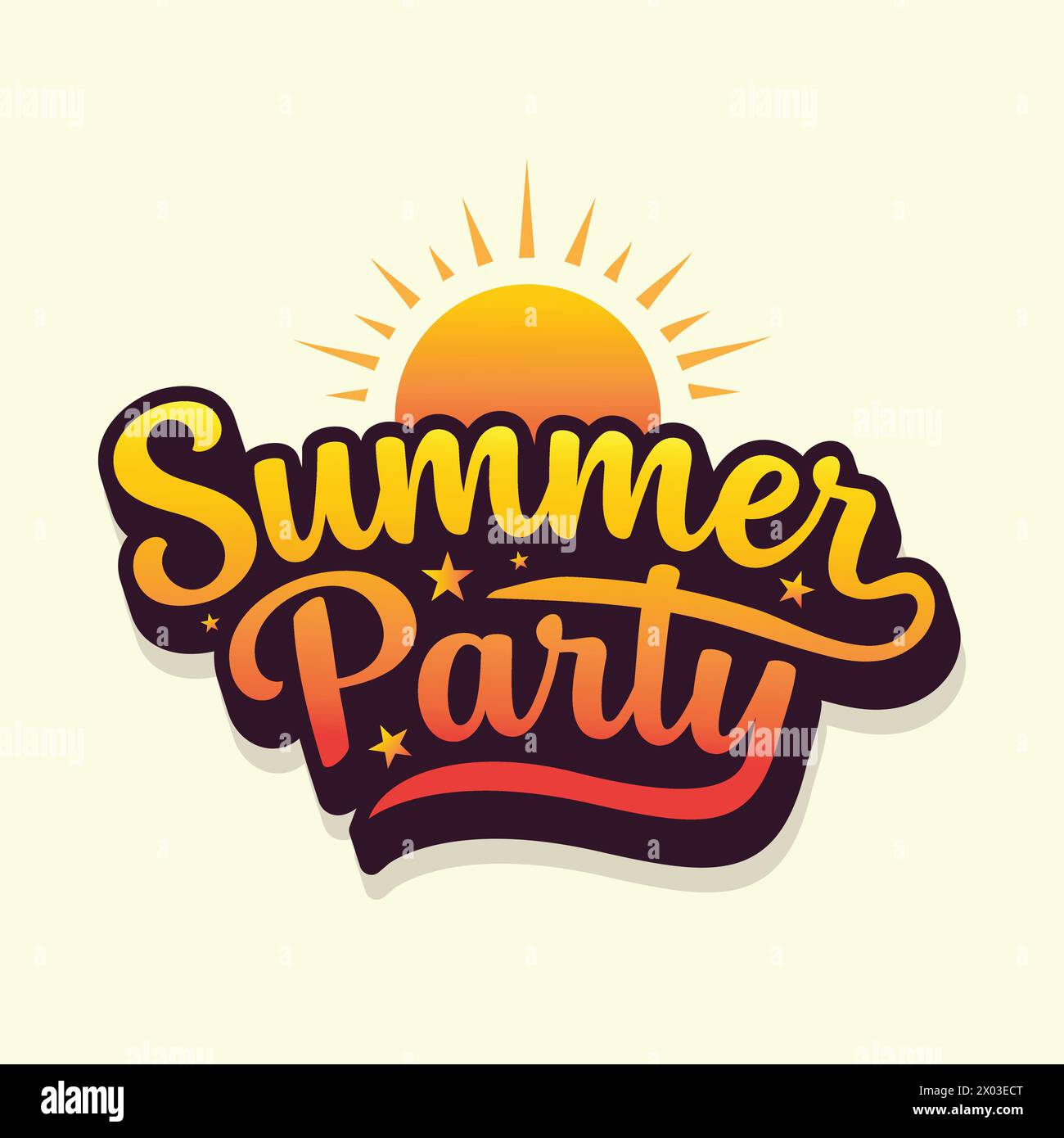 Logo Summer Party. Scritta a mano in stile retrò estiva con illustrazione vettoriale del sole. Etichetta estiva, logo, cartellino disegnato a mano per le vacanze estive, i viaggi Illustrazione Vettoriale