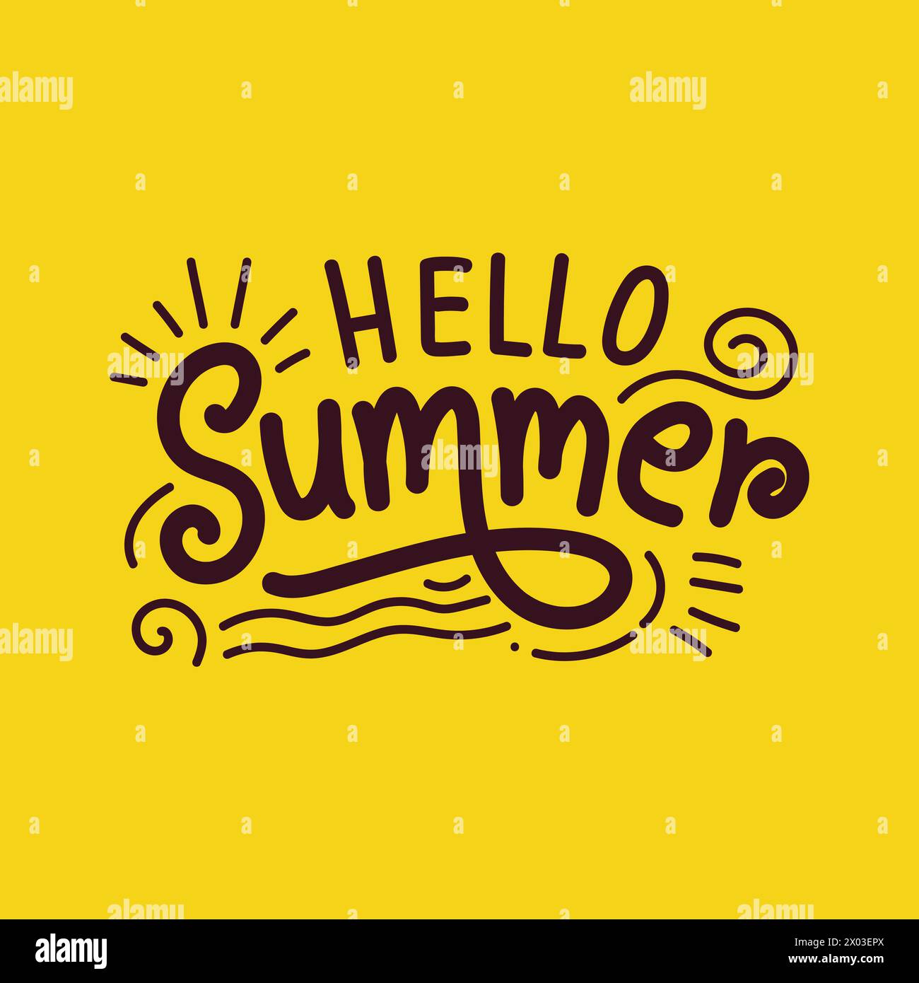 Hello Summer calligrafia disegnata a mano su sfondo giallo con elementi estivi. Illustrazione Vettoriale