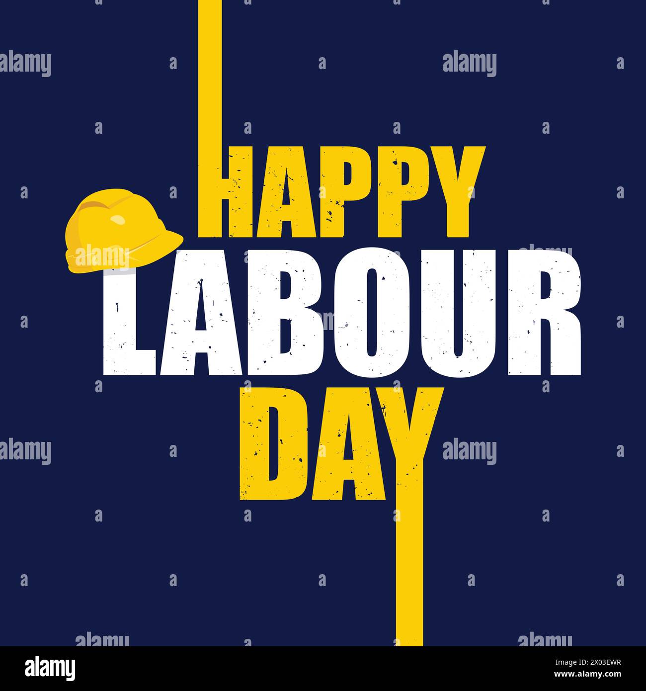 Banner tipografico per il giorno del lavoro, poster con casco da costruzione. 1s maggio giornata internazionale del lavoro. Modello giornata di manodopera su sfondo blu. Illustrazione Vettoriale