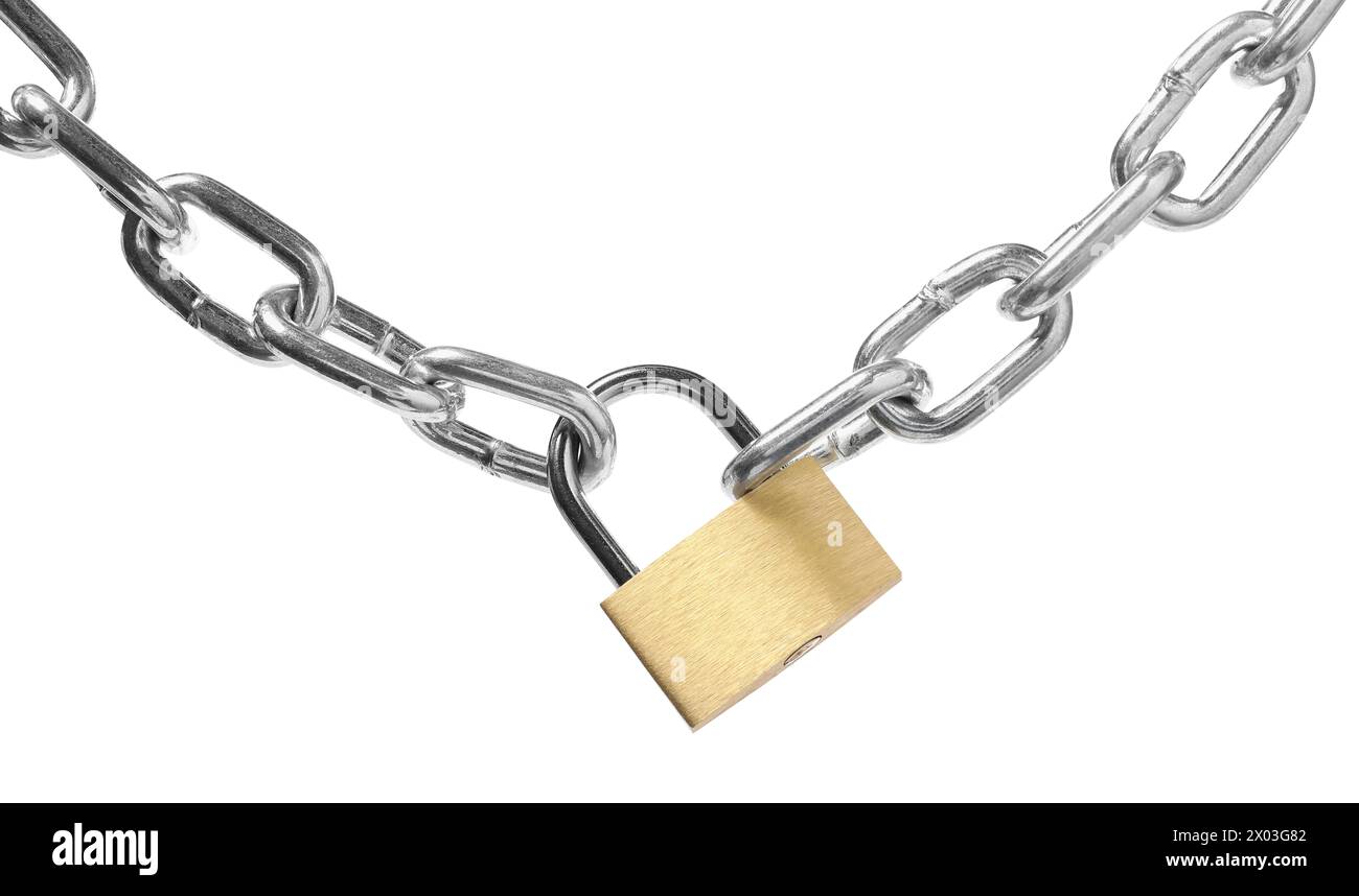 Lucchetto e catena in acciaio isolati su bianco Foto Stock