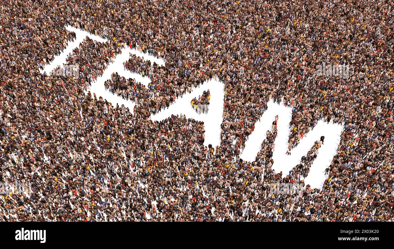 Grande comunità concettuale di persone che formano parola DI SQUADRA. 3d metafora illustrativa per il business, il lavoro di squadra, la gestione, la cooperazione, l'idea, soluzione Foto Stock