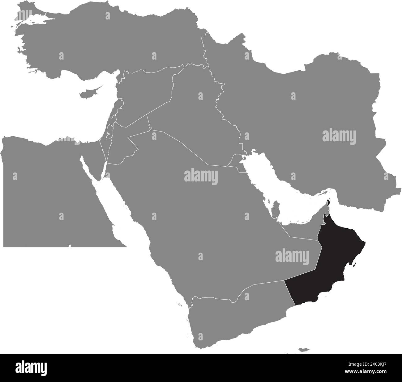 Mappa nera DELL'OMAN all'interno della mappa grigia del Medio Oriente Illustrazione Vettoriale