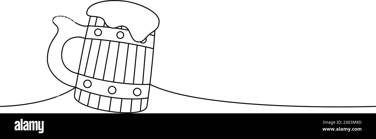 Tazza di legno di birra a una linea di disegno continuo. Illustrazione continua di una riga dei prodotti da pub della birra. Illustrazione lineare vettoriale. Illustrazione Vettoriale