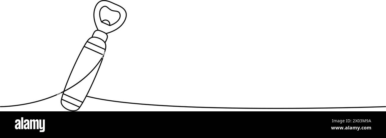 Apribottiglie disegno continuo su una linea. Illustrazione continua di una riga dei prodotti da pub della birra. Illustrazione lineare vettoriale. Illustrazione Vettoriale