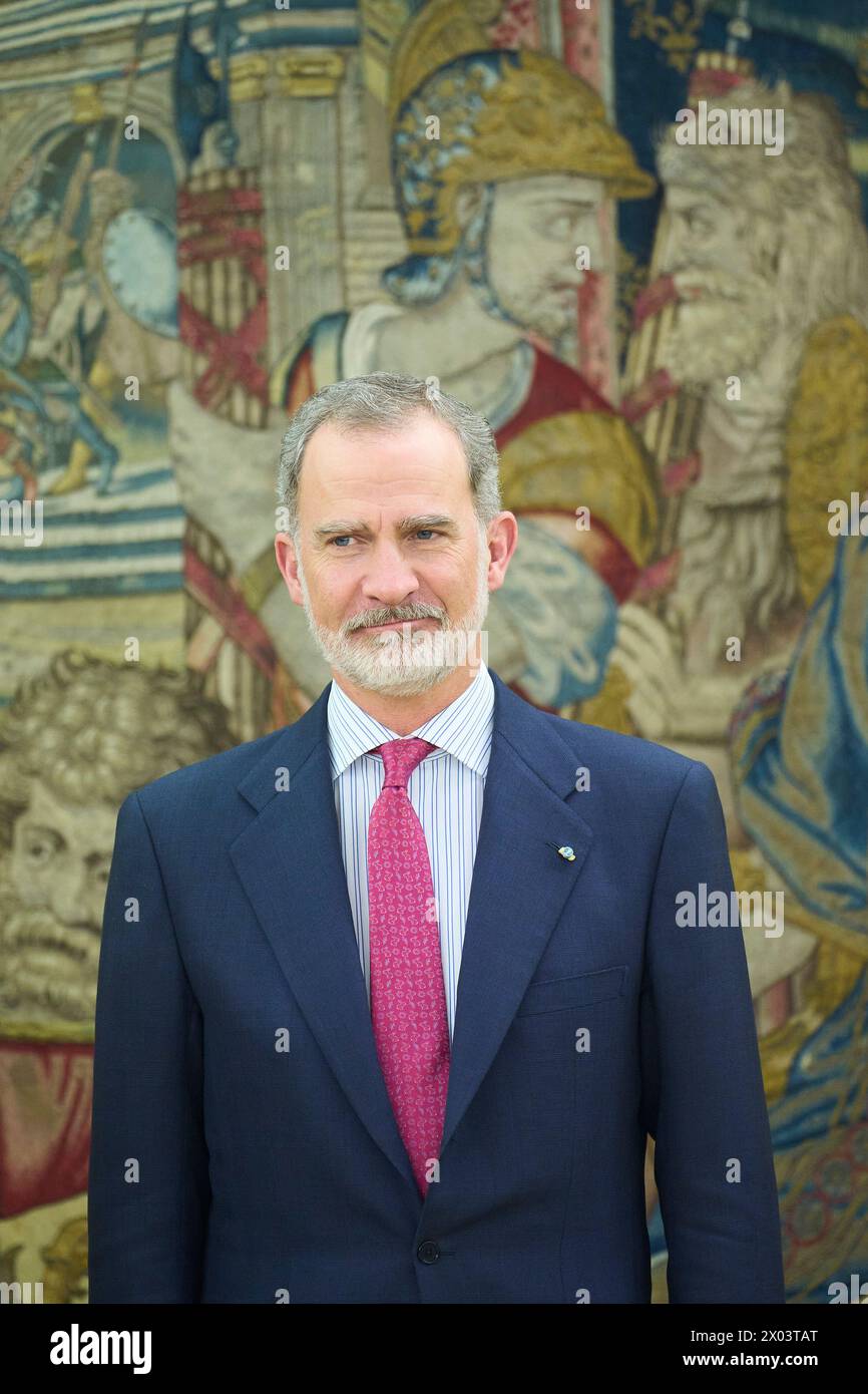 Madrid, Madrid, Spagna. 9 aprile 2024. Re Felipe vi di Spagna partecipa ad un incontro con Jose Maria Pereira Neves, Presidente della Repubblica di Cabo Verde al Palazzo Zarzuela il 9 aprile 2024 a Madrid, Spagna (immagine di credito: © Jack Abuin/ZUMA Press Wire) SOLO USO EDITORIALE! Non per USO commerciale! Foto Stock