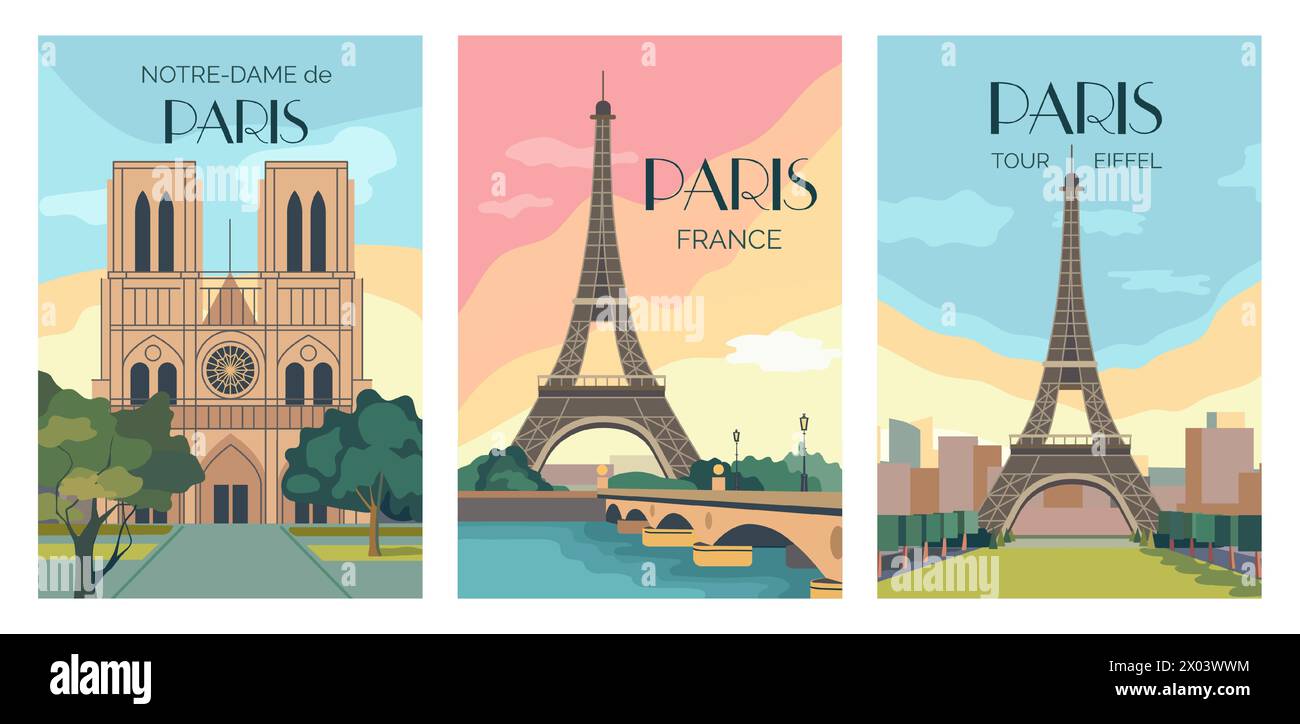 Poster di Parigi. Cartoline di viaggio vintage in Francia per un tour artistico francese o un bellissimo punto di riferimento per il viaggio. Paesaggio urbano. Torre Eiffel. Cattedrale di Notre-dame. Edificio famoso. Set di schede vacanza Vector retro Illustrazione Vettoriale