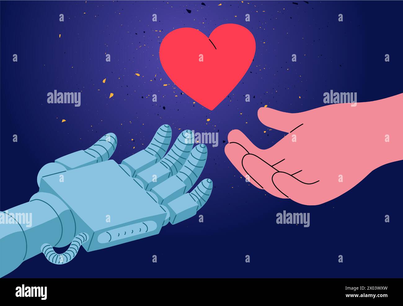 Mano umana. Macchina dell'intelligenza artificiale. Braccio che dà il cuore rosso. Tecnologia digitale aliena. Robot e comunità di persone. Felice amore e arte. Palmo di supporto. Generosità e assistenza. Concetto vettoriale Illustrazione Vettoriale