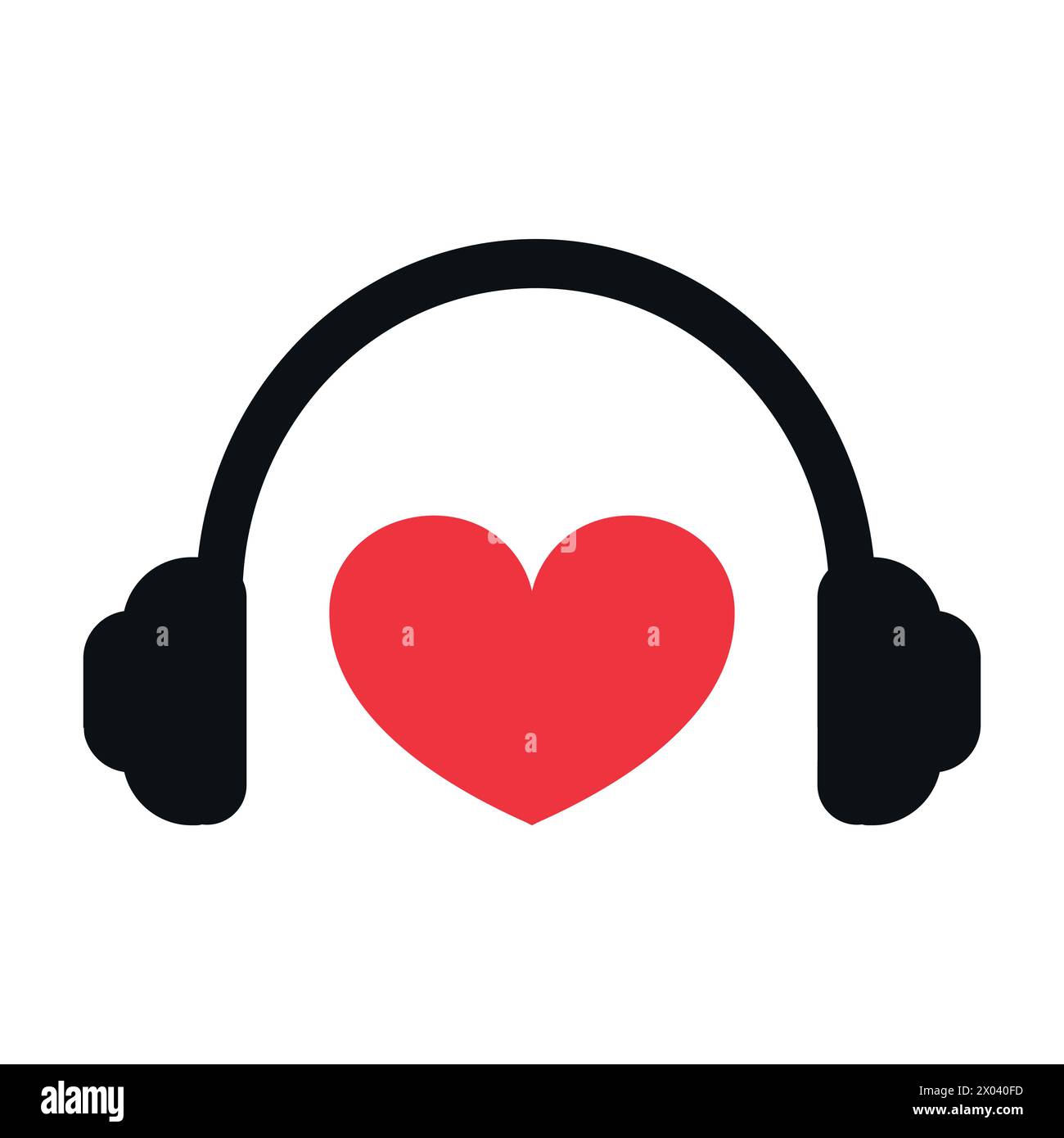 Cuffie e cuore. Silhouette delle cuffie. Icona rossa a forma di cuore. Amo la musica. Design piatto. Illustrazione vettoriale Illustrazione Vettoriale