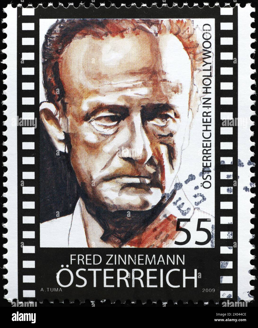 Il regista Fred Zinnemann sul francobollo austriaco Foto Stock