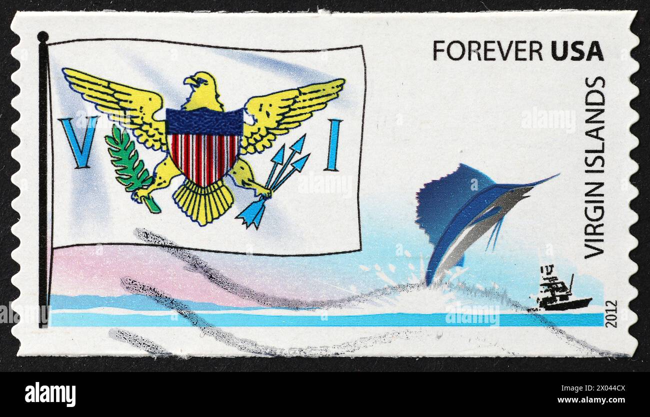 Bandiera delle Isole Vergini sul francobollo statunitense Foto Stock