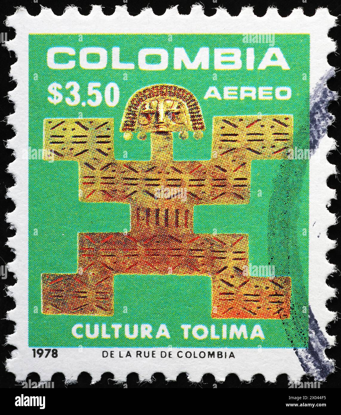 Pettorale dorato dalla cultura di Tolima su francobollo colombiano Foto Stock