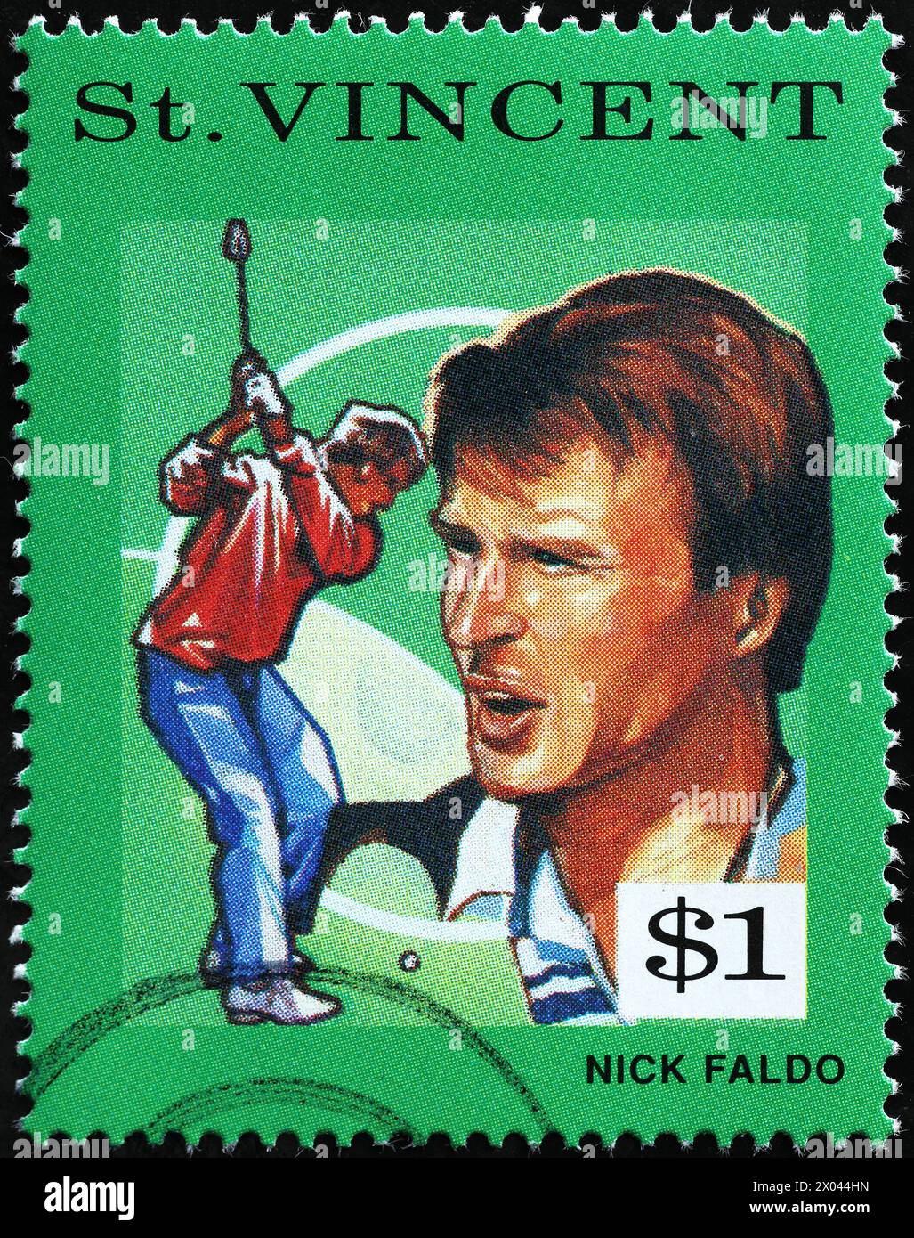 Golfista Nick Faldo su francobollo da Saint Vincent Foto Stock