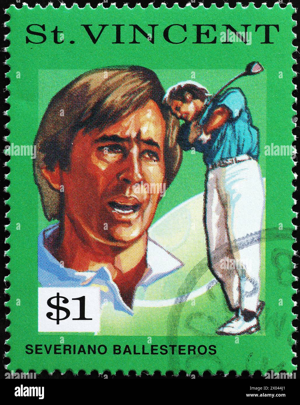 Golfista Severiano Ballesteros su francobollo da Saint Vincent Foto Stock