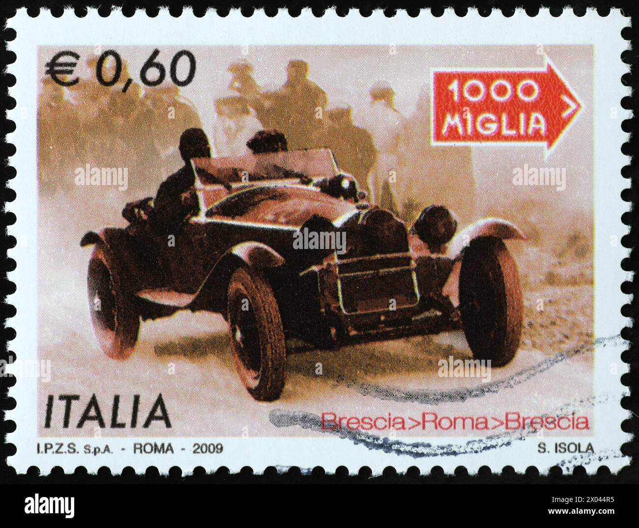 Gara di auto d'epoca italiana mille miglia celebrata su francobollo Foto Stock