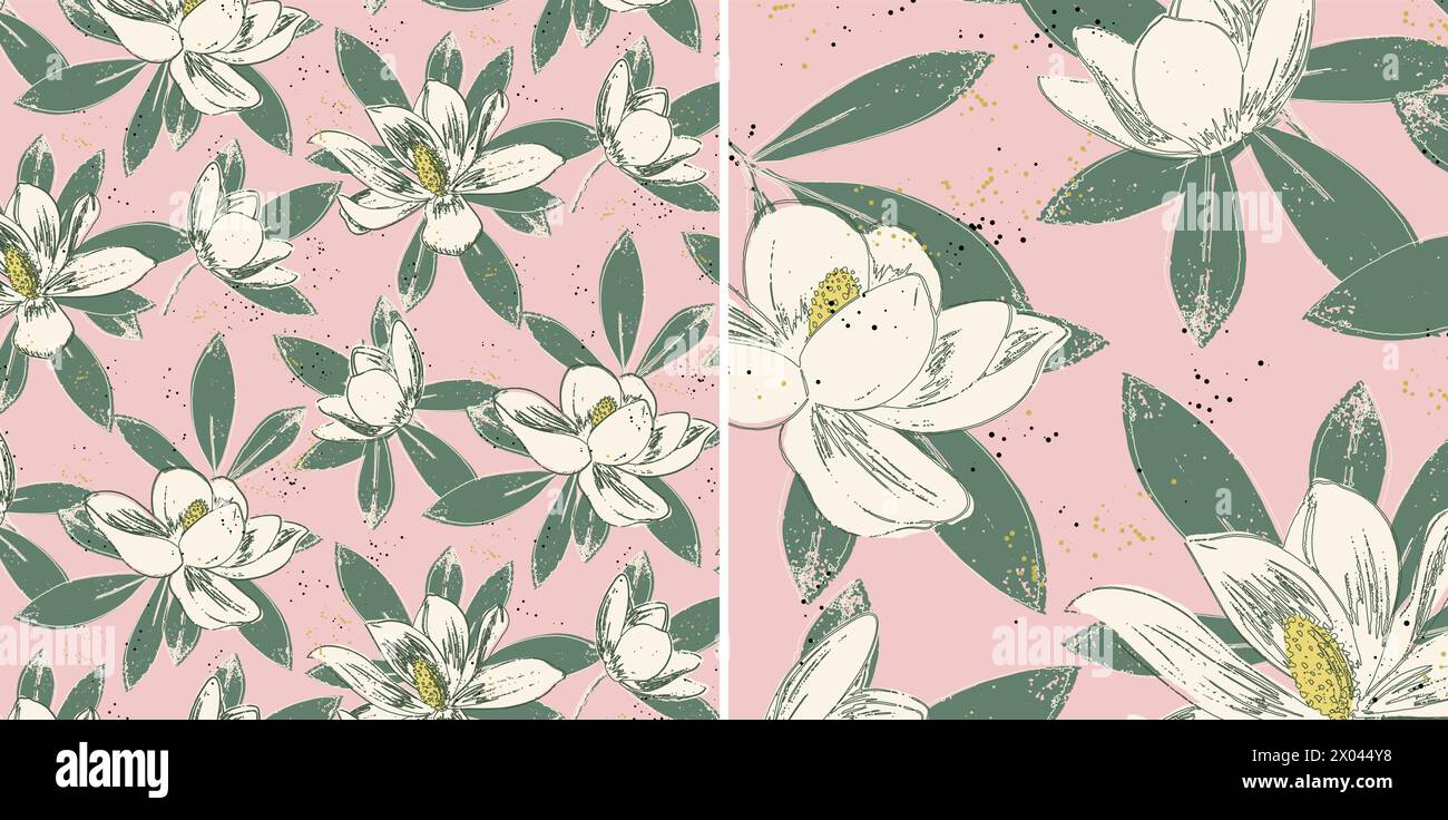 Motivo senza cuciture di fiori di magnolia e foglie verdi su sfondo rosa in due misure. Colori personalizzabili Illustrazione Vettoriale