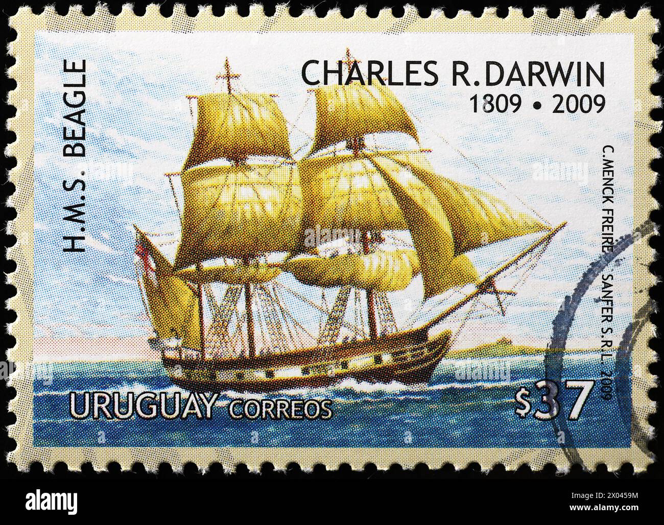 Nave Beagle che porta Charles Darwin in tutto il mondo in francobollo Foto Stock