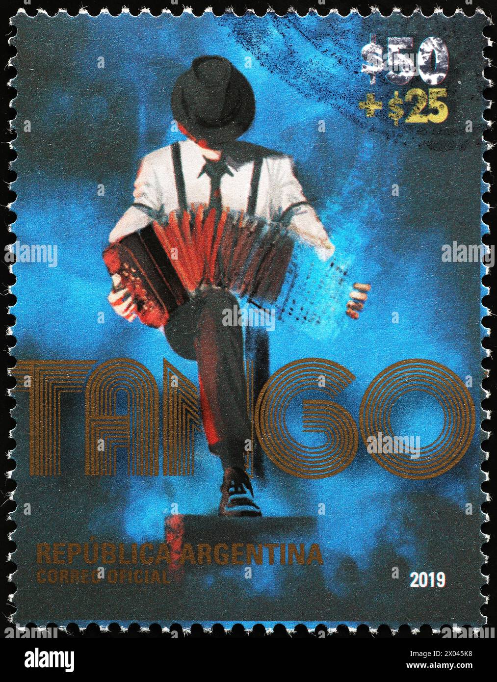 Suonatore di fisarmonica tango con francobollo aergentino Foto Stock