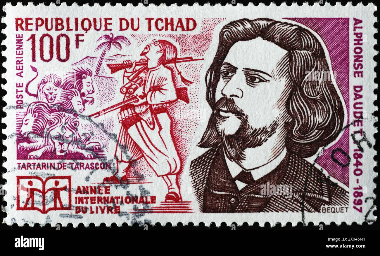 Ritratto di Alphonse Daudet su francobollo africano Foto Stock