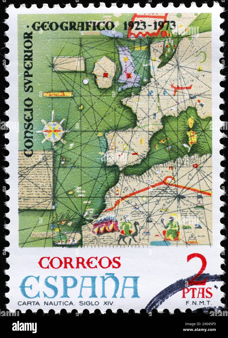 Antica mappa dell'Europa occidentale e del nord Africa su francobollo spagnolo Foto Stock