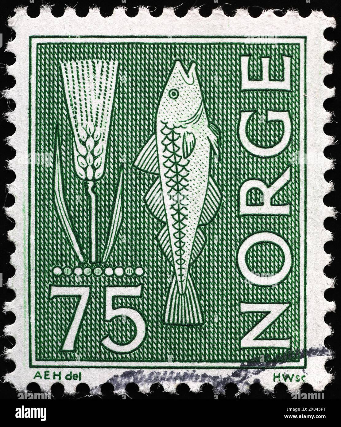 Antico francobollo norvegese con orecchie e pesci Foto Stock