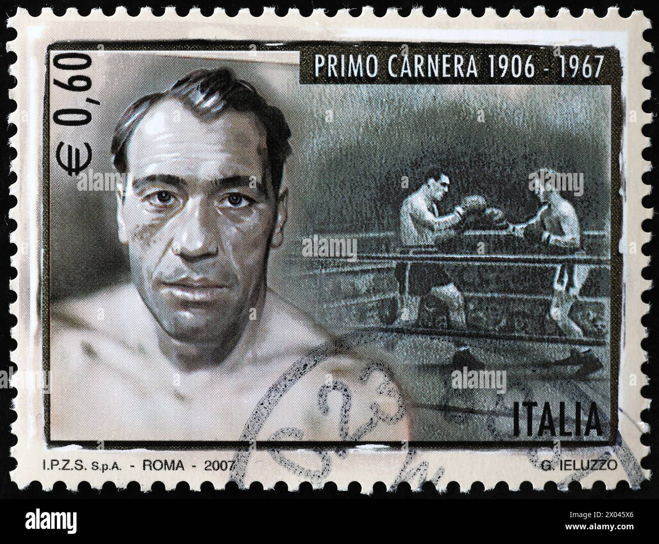 Boxer primo Carnera su francobollo italiano Foto Stock