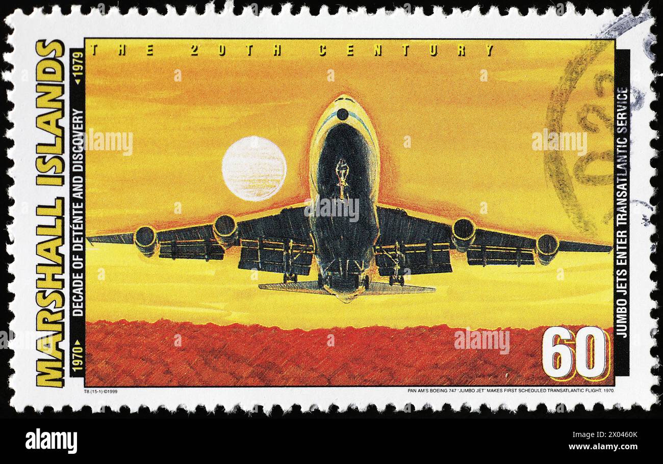 Celebrazione del jet jumbo su francobolli Foto Stock