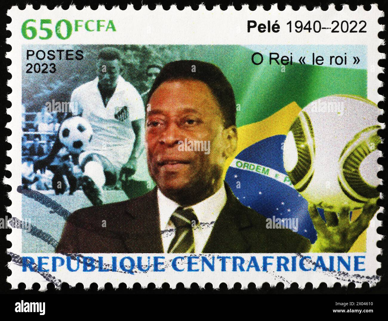 Celebrazione di Pelè su francobollo africano Foto Stock