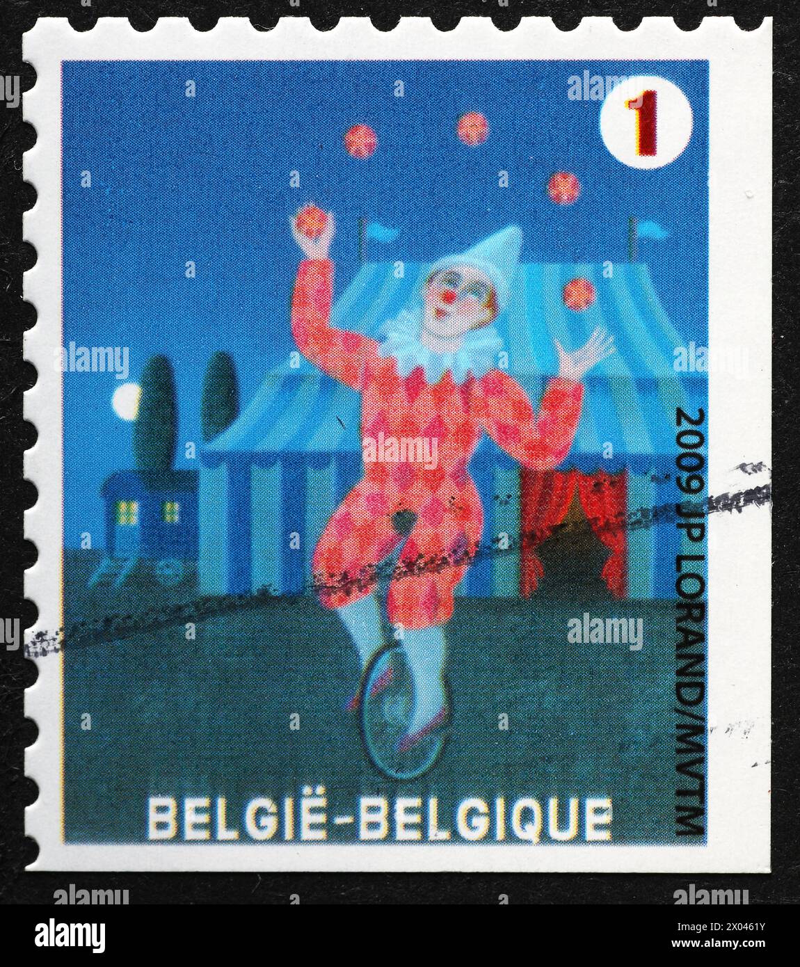 Clown in un circo su un francobollo belga Foto Stock