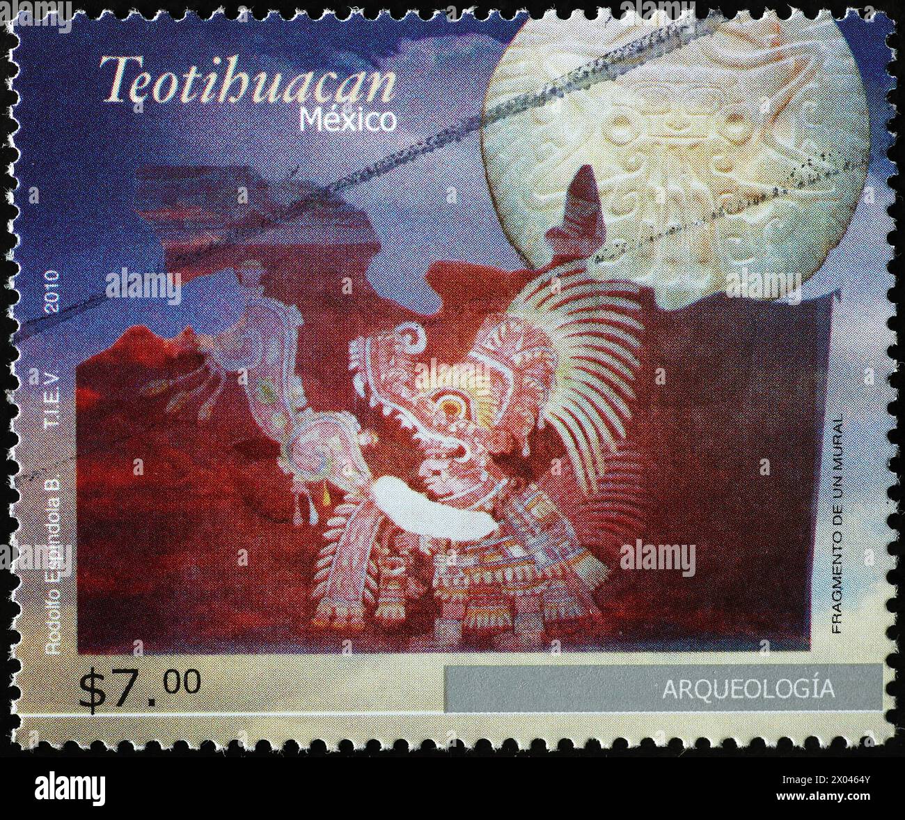 Dettaglio di un murale a Teotihuacan su francobollo messicano Foto Stock