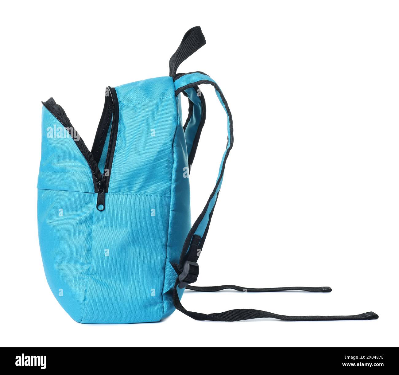 Elegante zaino azzurro su sfondo bianco Foto Stock