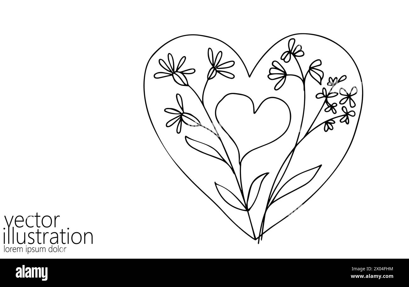 Cuore con fiori a linea singola continua art. Romantica data d'amore relazione coppia silhouette Concept design uno schizzo disegna il bianco Illustrazione Vettoriale