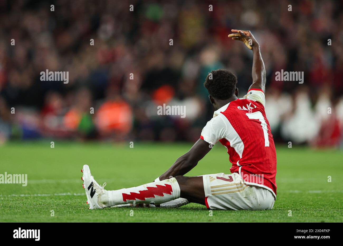 Londra, Regno Unito. 9 aprile 2024. Bukayo Saka dell'Arsenal scende nell'area di rigore, ma gli viene negato un rigore durante la partita di UEFA Champions League all'Emirates Stadium di Londra. Credito immagine dovrebbe essere: Kieran Cleeves/Sportimage Credit: Sportimage Ltd/Alamy Live News Foto Stock