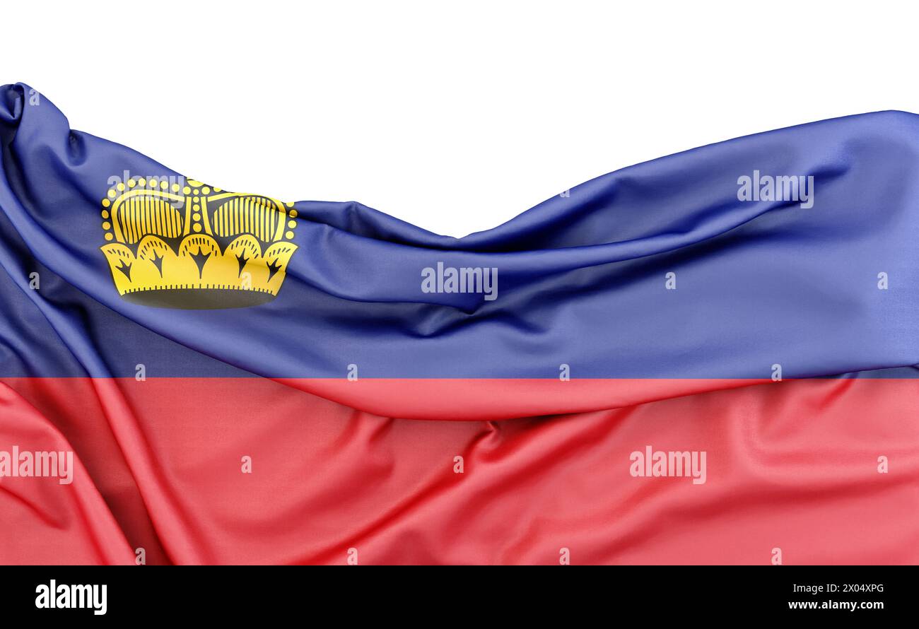 Bandiera del Liechtenstein isolata su sfondo bianco con spazio di copia sopra. Rendering 3D. Foto Stock