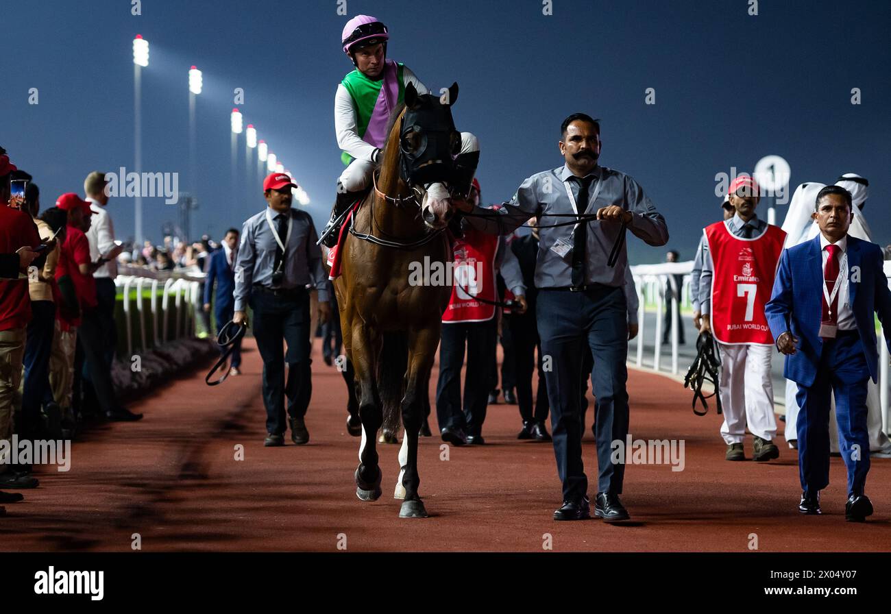 Laurel River e Tadhg o'Shea partono per la Coppa del mondo di Dubai 2024, l'ippodromo Meydan, 30/03/24. Crediti JTW equine Images / Alamy. Foto Stock