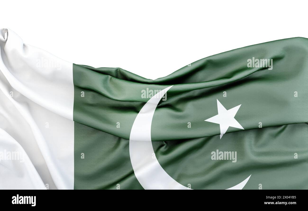 Bandiera del Pakistan isolata su sfondo bianco con spazio di copia sopra. Rendering 3D. Foto Stock