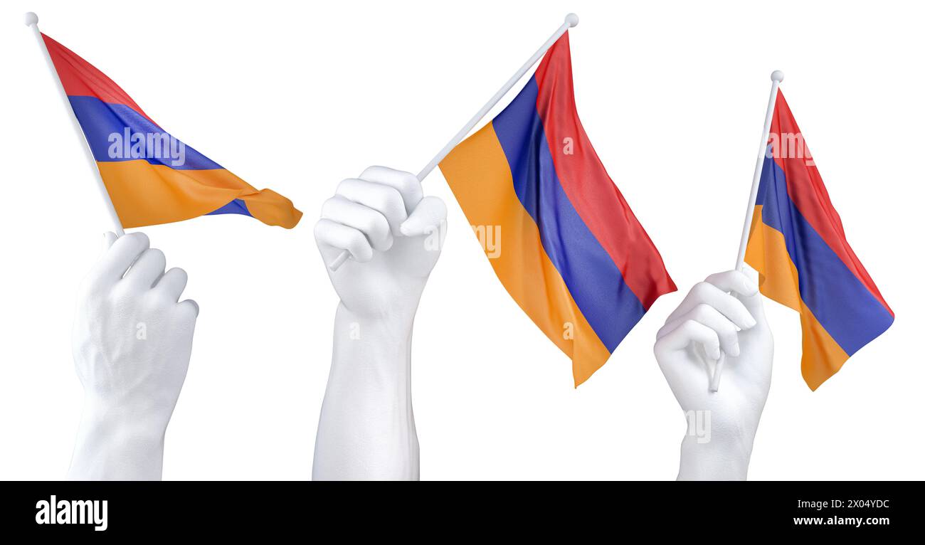 Tre mani isolate che sventolano le bandiere dell'Armenia, simboleggiano l'orgoglio nazionale e l'unità Foto Stock