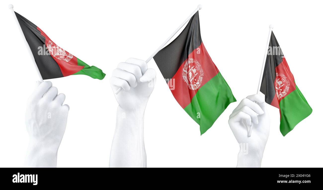 Tre mani isolate che sventolano le bandiere dell'Afghanistan, simboleggiano l'orgoglio e l'unità nazionale Foto Stock