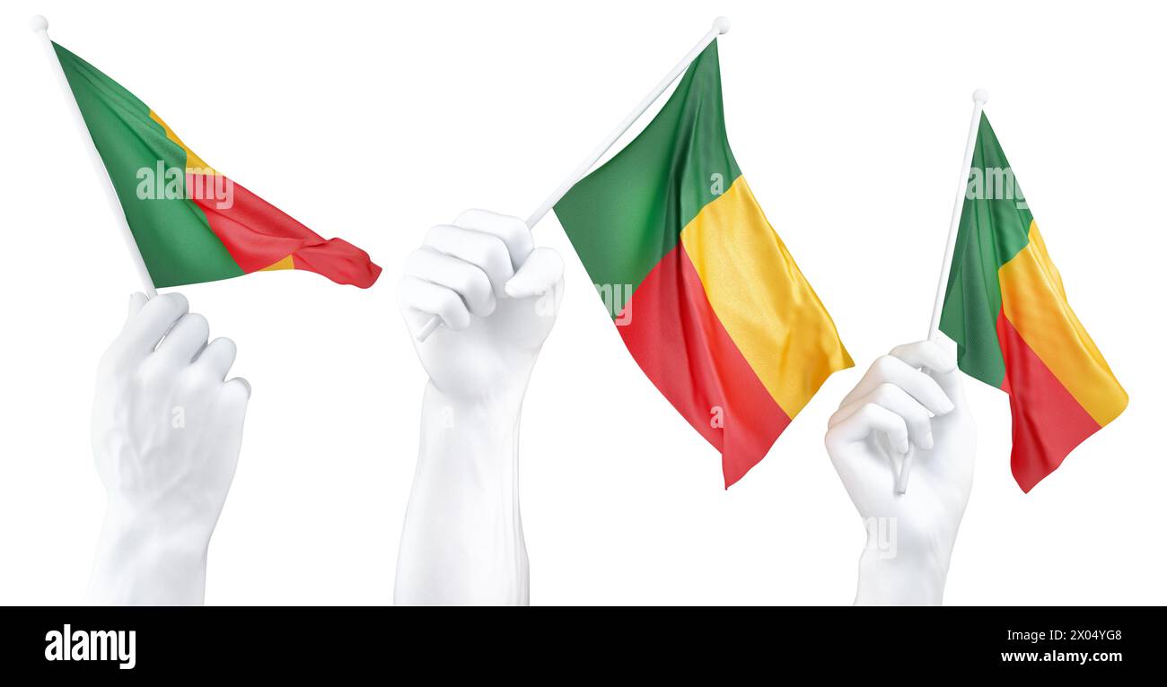 Tre mani isolate che sventolano le bandiere del Benin, simboleggiano l'orgoglio nazionale e l'unità Foto Stock