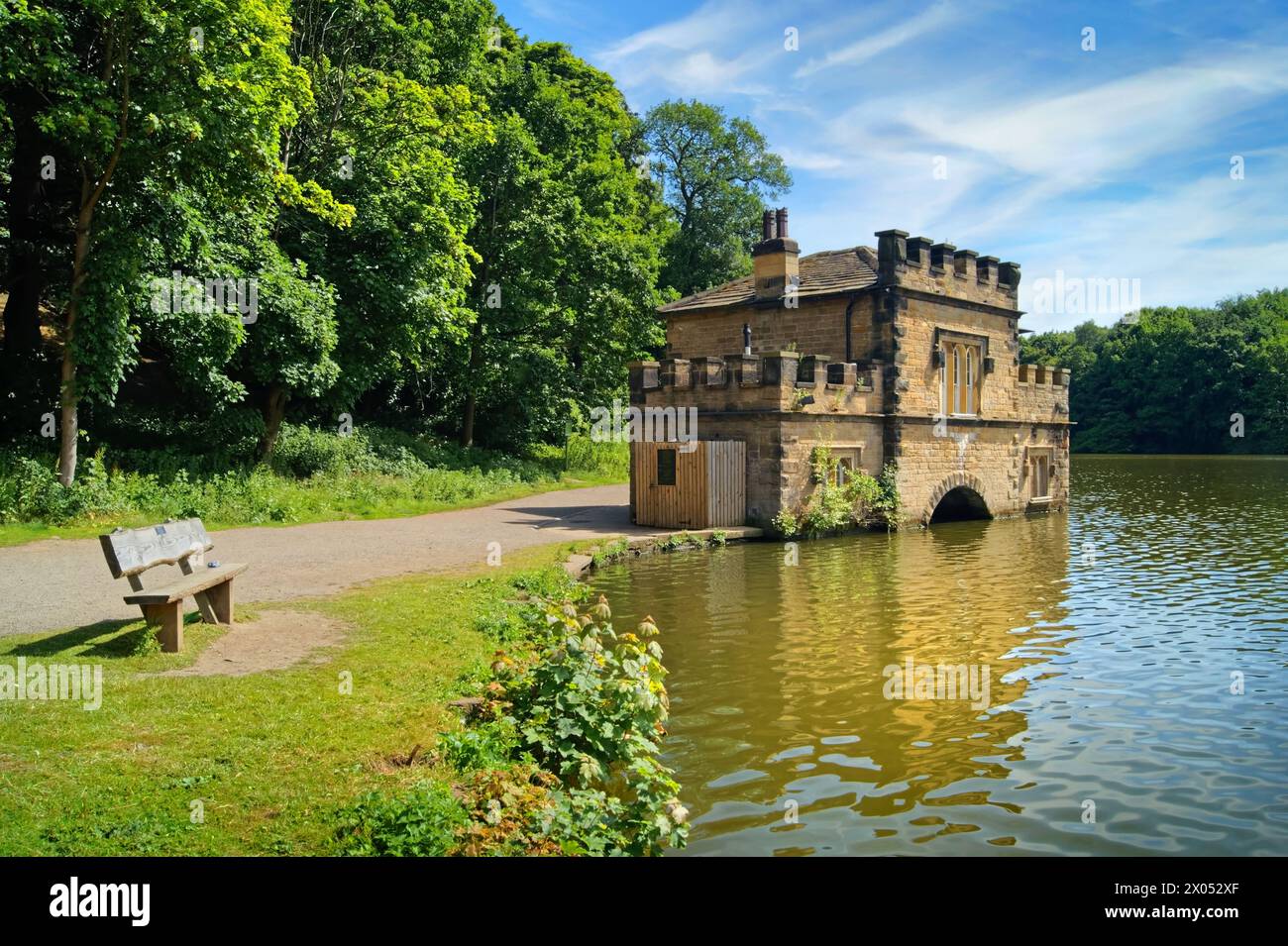 Regno Unito, West Yorkshire, Wakefield, Newmillerdam, Footpath e Boathouse durante l'estate. Foto Stock