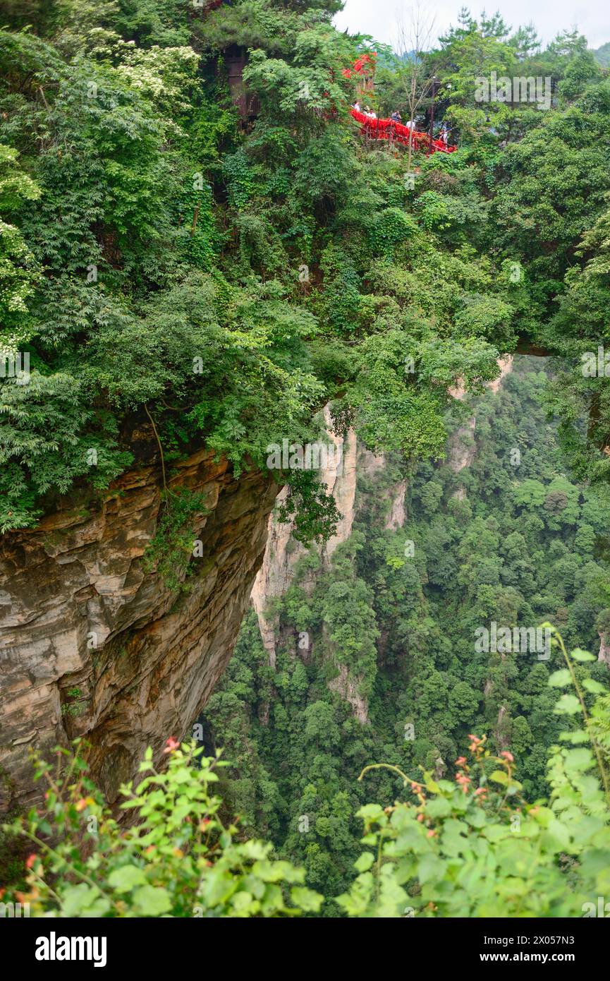 I nastri di benedizione rossa fiancheggiano un sentiero in cima alla montagna nel parco nazionale della foresta di Zhangjiajie nell'area panoramica di Wulingyuan, Cina. Foto Stock