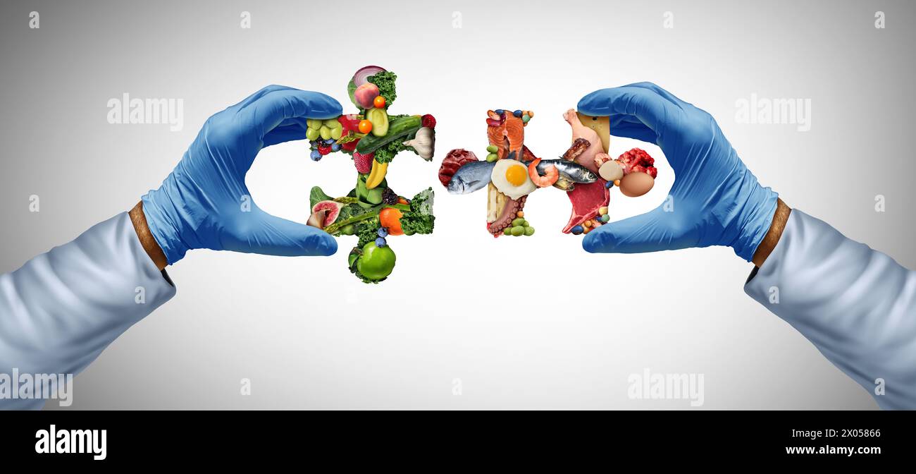 Scienze della dieta bilanciate e scienze nutrizionali con due principali gruppi alimentari come nutrizionista o scienziato con nutrienti che risolvono un puzzle e un inta calorico Foto Stock