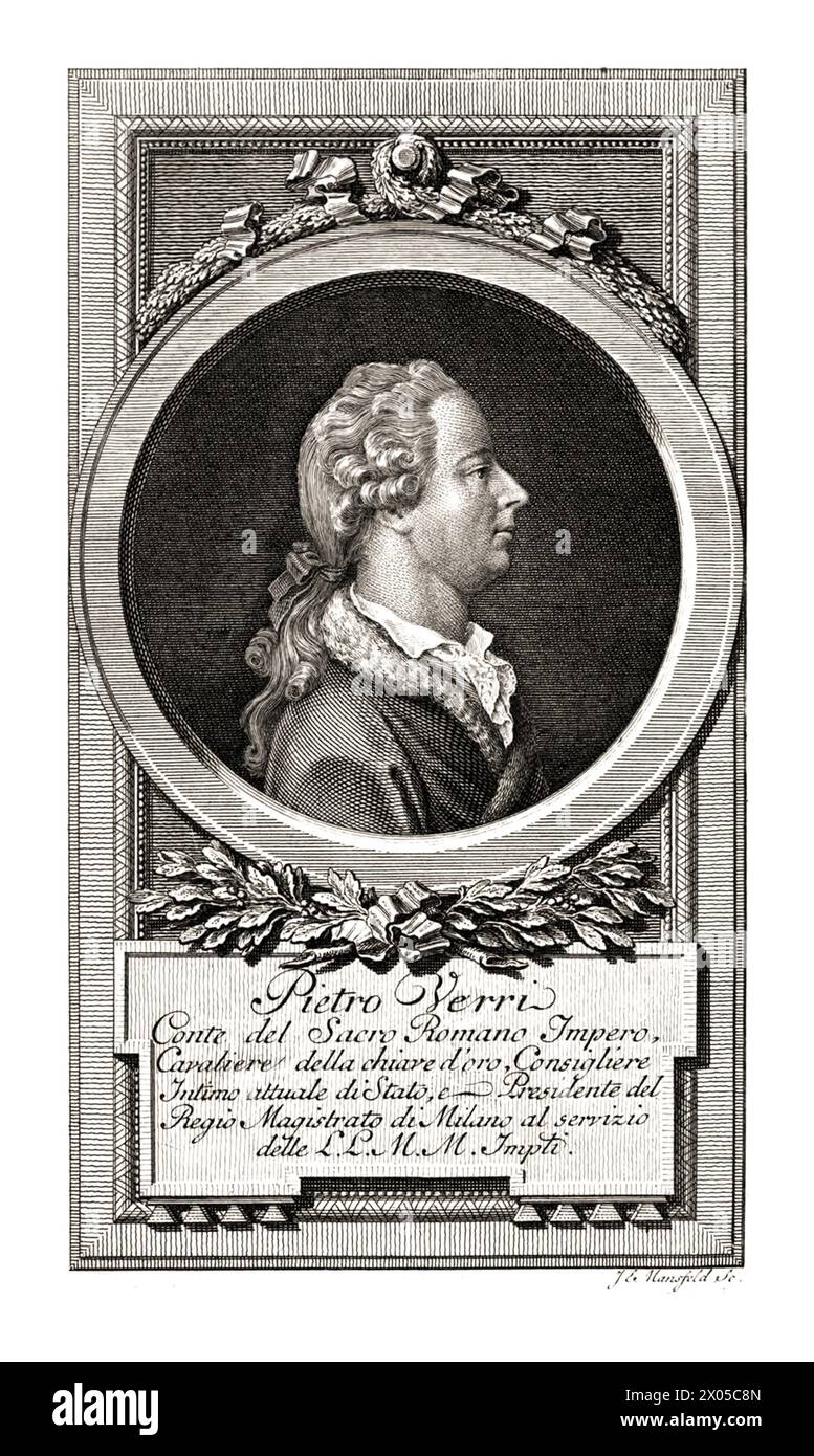 1763 c., Milano , ITALIA : il nobile illustratore italiano , scrittore , economista , filosofo e storico PIETRO VERRI ( 1728 - 1797 ) . Ritratto inciso da io Le Mansfeld . - CONTE - ILLUMINISMO - ILLUMINISM - ILLUMINISTA - STORIA - FOTO STORICHE - ITALIA - ECONOMIA - ECONOMISTA - FILOSOFIA - FILOSOFIA - FILOSOFO - SCRITTORE - LETTERATURA - STORICO - LETTERATURA - LETTERATO - INCISIONE - ILLUSTRAZIONE - ILLUSTRAZIONE INCISIONE - NOBILTÀ ITALIANA - NOBILTÀ ITALIANA - nobile italiano - parrucca - profilo --- Archivio GBB Foto Stock